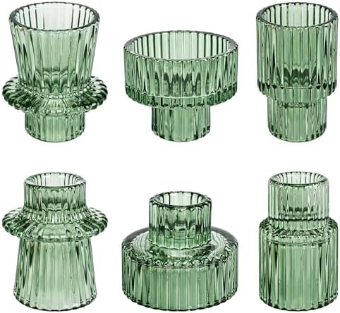 Taper Votive Candle Holder for Pillar Candles Tealight, Candlestick Holder for Wedding Christmas Tea Party, Boho Ribbed Vintage Crystal Glass Table Centerpiece Decor, Bulk Set of 6 (Green) by NEOEGOR