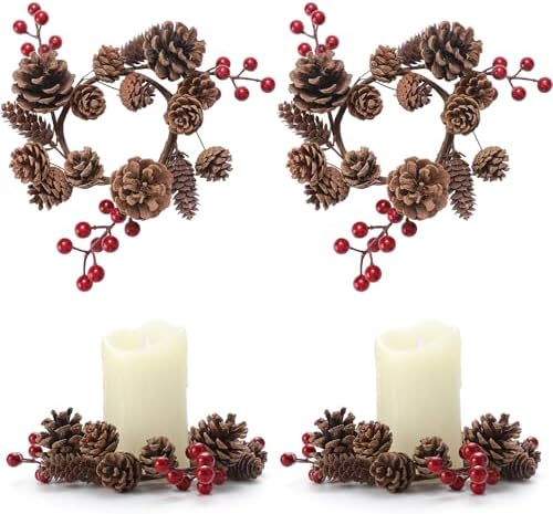 Daifunli 2 Pcs Christmas Pinecone Candle Rings Winter Pinecone Red Berry Vintage Wreath for Pillar 3.5 Inch Candle Holder for Autumn Fall Thanksgiving Winter Christmas Rustic Table Centerpiece Decor by Huiinen