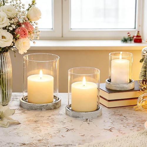 Set of 3 Glass Hurricane Candle Holders for Pillars with Distressed Brown Solid Wood Base Crafted from Pine, Farmhouse Candlestick Holder, Centerpieces for Home, Garden, Table, Mantel, Wedding, Party - Image 3