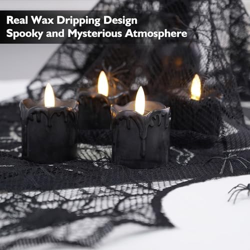 Rhytsing 2'' Black Flameless Votive Candles Real Wax Dripping Design, LED Faux Battery Operated Tealight Candles with Timer for Halloween - Set of 4 - Image 2