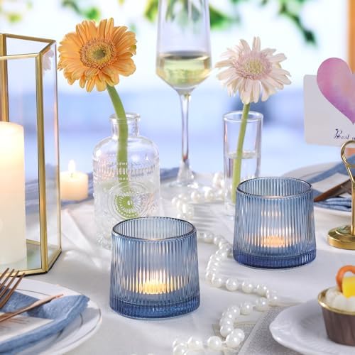 DARJEN Blue Ribbed Tealight Votive Candle Holders Set of 10 - Image 4