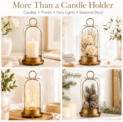 Hurricane Glass Candle Holders in Antique Brass, 5" & 4" Wide Gold Vintage Metal Candlesticks Holders for Pillar Candle Lantern with Handmade Thick Glass Dome, Industrial, Modern Home Decor (Brass) - Image 6