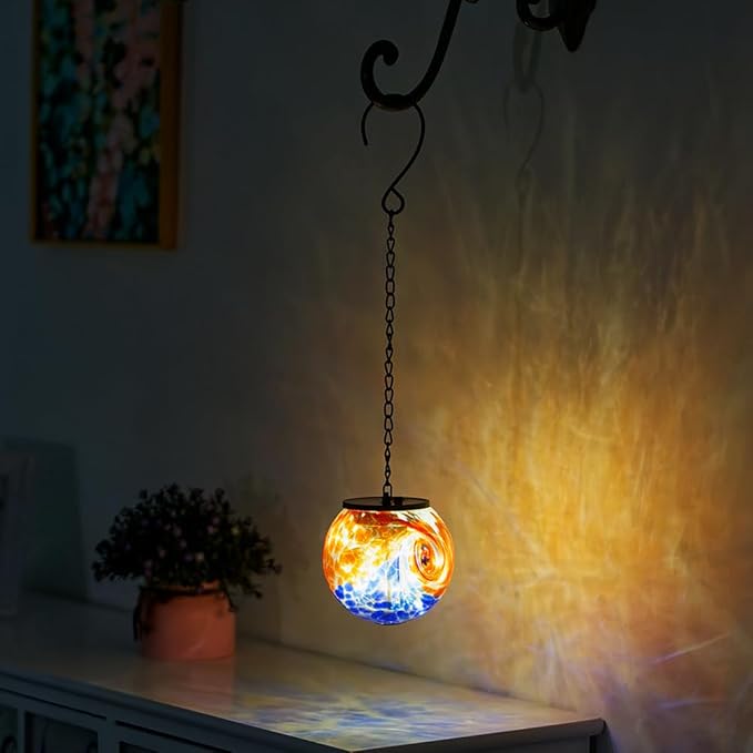 Solar Hanging Lanterns Outdoor, Solar Gazing Ball Lights, Waterproof Hanging Glass Light for Garden Yard Tree Home Xmas Decoration, Blue Splash-Ink