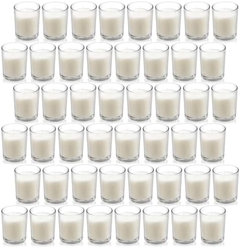 Housecret 48 Pack Warm White Unscented Clear Glass Filled Votive Candles. Hand Poured Wax Candle Ideal Gifts for Aromatherapy Spa Weddings Birthdays Holidays Party by Housecret