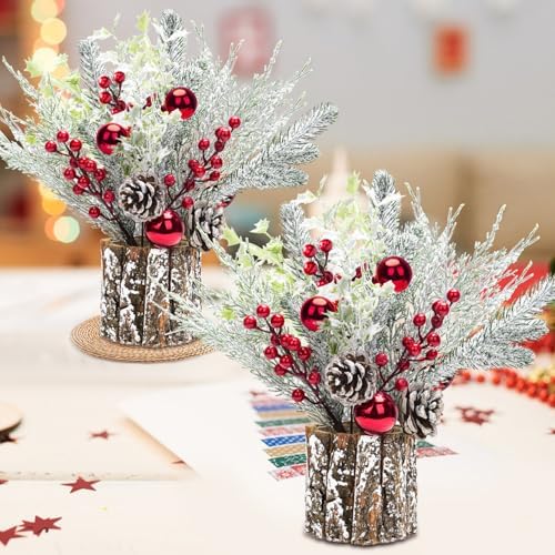 2 Pack Christmas Table Decorations, 14 Inch Christmas Centerpiece Small Potted Christmas Tree with Lights, Pine Cones and Berries, Xmas Artificial Plants for Tables, Home, Mantel Holiday Decor by BHLUUIYER