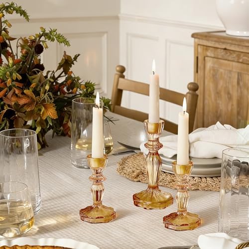 Glass Candlestick Holders Set of 3, Amber Stripe Taper Candle Holders for Table Centerpiece, Home Decorations, Wedding and Party - Image 3