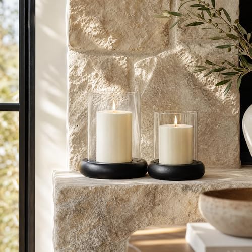 Set of 2 Black Hurricane Candle Holders with Wood Base, Modern Windproof Glass Cylinder Lantern, Farmhouse Pillar Candle Holder Decor for Table Centerpieces, Living Room, Patio & Kitchen Dining - Image 2