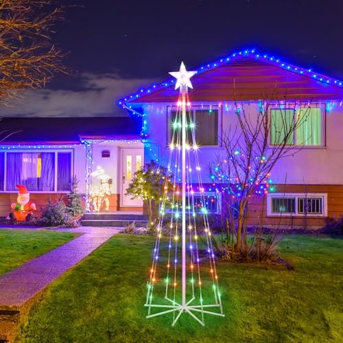 5' LED Animated Christmas Tree, Multicolor Lightshow Lighted Cone Wire Tree with Topper Star, Artificial Lighted Tree for Indoor/Outdoor Yard Patio - Image 6