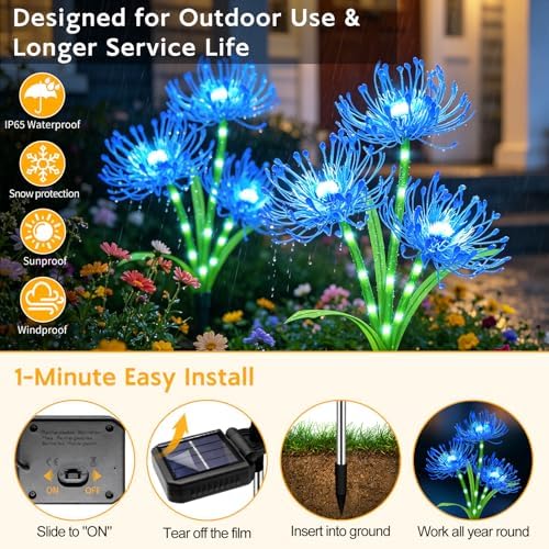 VOOKRY Solar Lights Outdoor, 8 Pack Blue Spider Lily Garden Flower Lights - Image 3