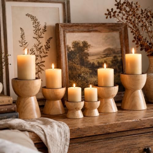 Mifoci 6 Pcs Farmhouse Wooden Candle Holders Pillar Set, Table Mantel Decor by Mifoci