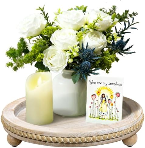 Larger Wood Round Tray for Wooden Coffee Table Decor, Wood Raise Candle Tray Holder Plate, Farmhouse Decorative Trays, Rustic Serving Tray for Kitchen Table, Home Decor, Living Room, Wash White, 13" by CEDARLUX