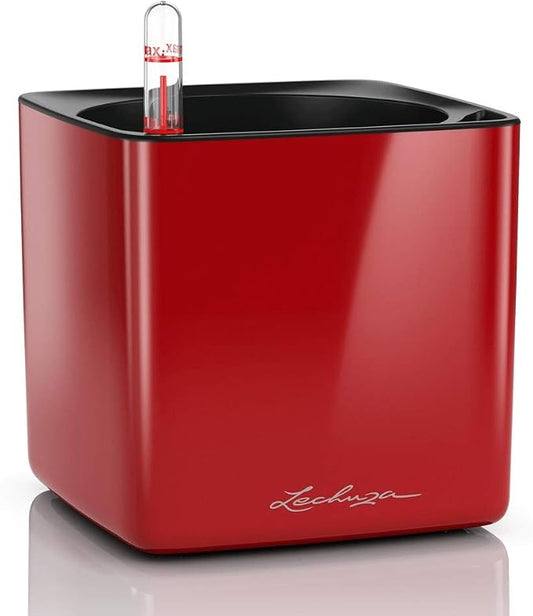 Lechuza Cube Glossy 14 Scarlet Red High Gloss, Self-Watering Indoor Small Plant Pot, H5.5 L5.5 W5.5 in
