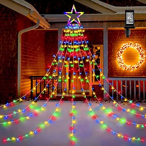 Outdoor Christmas Decorations 317 LEDs Christmas Lights with 9 Strands 11.9ft Waterfall Christmas Tree Lights, 8 Modes, Waterproof, Topper Star & Timer for Yard Patio Xmas Décor, Multicolor by BlcTec