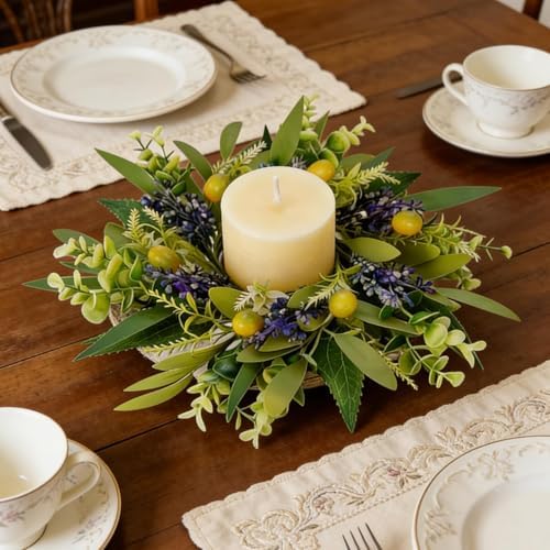 4 PCS Eucalyptus Olive Candle Rings Wreaths Spring Summer Greenery Kitchen Cabinet Wreaths Mini Green Boxwood Leaves Candle Wreath for Pillars Farmhouse Wedding Celebrations Tabletop Decoration - Image 2