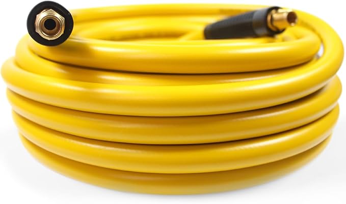 MaxWorks 80787 Hybrid Air Hose – 3/8-Inch x 25-Foot, 300 PSI – All-Weather Flexible Polymer, Kink Resistant, No-Memory Lay-Flat Design with Solid Brass Fittings & Bend Restrictors, Yellow