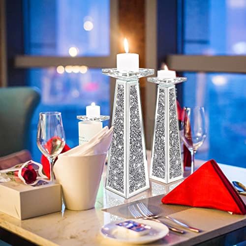 Wocred 2 Piece Candlestick Holders for Holding Pillar Candles, Crystal Crushed Diamond Candle Holders Set Decor for Dinning Room, Silver Glass Votive Candle Holders for Table Centerpiece(12”) - Image 4