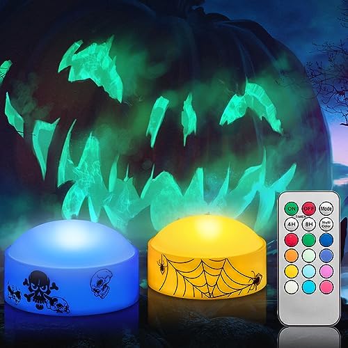 2 PCS Color Changing Halloween LED Pumpkin Candle Lights with Remote and Timer, Colored Battery Operated Jack-O-Lantern Light for Outdoor Halloween Flameless Pumpkin Home Decorations by CANDLEIDEA