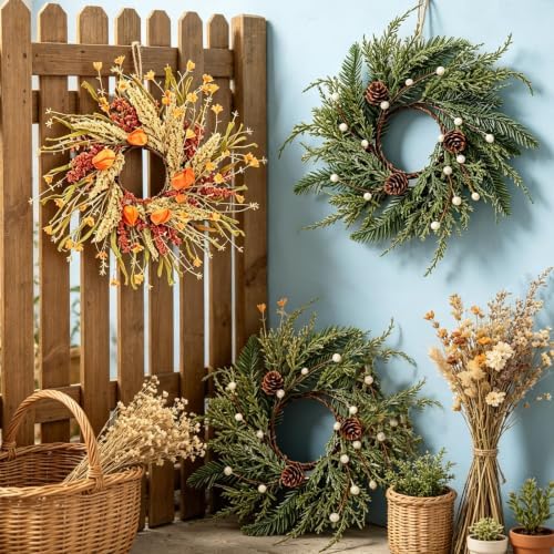 4 Pcs Fall Christmas Candle Rings Wreaths Mini Thanksgiving Xmas Wreath Holder Table Centerpiece Small Autumn Swags Wreath for Kitchen Cabinets Pillar Farmhouse Home Porch Window Wall Porch Decor - Image 6