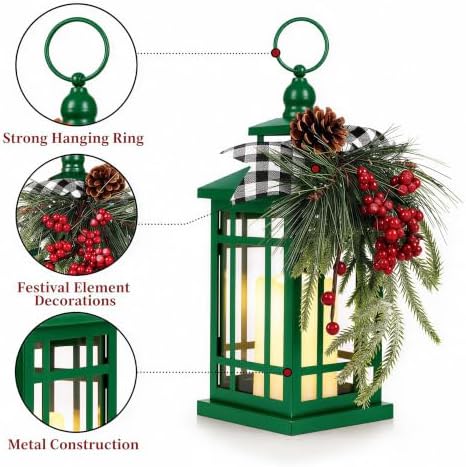 WOKEISE Metal Christmas Vintage Candle Lanterns, Plaid Ribbon Decorative Hanging Lantern for Indoor Outdoor Xmas Porch Decorations Party Gift, Green - Image 4