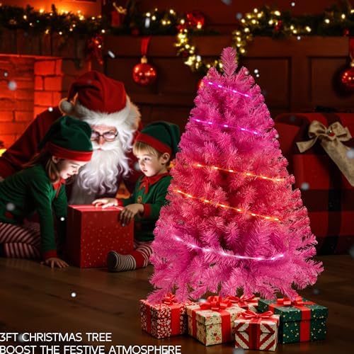 Pink 3ft Christmas Tree with Lights, Small 36inch Artificial Tree Mini Table Top Decorations, Xmas Desk Tree with 80 Colored Lights, 200 Branch, Holiday Decor for Home,Indoor Office Tabletop - Image 3