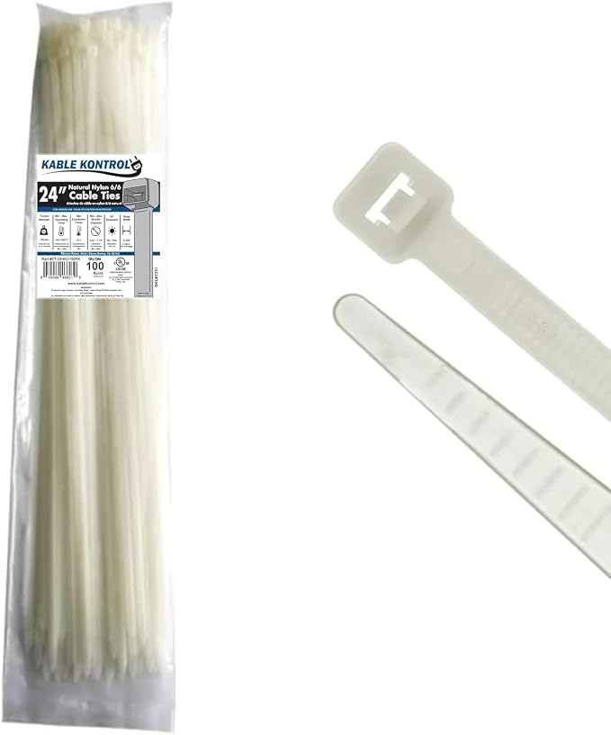 Kable Kontrol Heavy Duty Cable Zip Ties 100 Pcs 24 Inch, Natural White, 175 Lbs Tensile Strength, Self-locking Nylon Clear Plastic Wire Ties wraps for Indoor or Outdoor Use