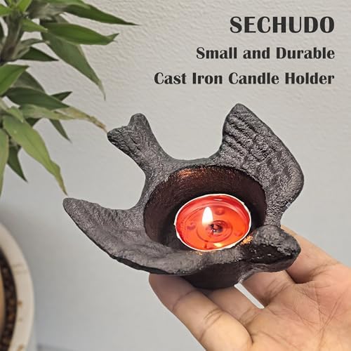 Small Cast Iron Candle Holder, Set of 2, Small Handmade Vintage Tea Light Candlestick Holders, Rustic Candle Holder, Farmhouse Candle Stand for Fireplace Shelf Home Decor (Bird Pattern) - Image 4