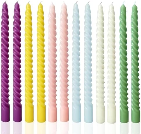 Colored Taper Candles Spiral Candle Sticks in Rainbow Colors,Unscented Pastel Candle for Holiday,Wedding and Home Decoration,10inch,12 Pack(E-6colored) by LPUSA