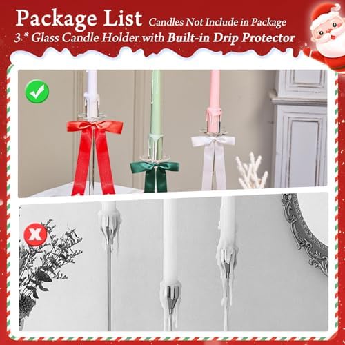 CHILL RECIPE Christmas Candle Holder Glass Taper Candlestick Holders with Built-in Candle Drip Protectors Bows Decor for Table Centerpiece Wedding Party Christmas(Red Green White) - Image 3