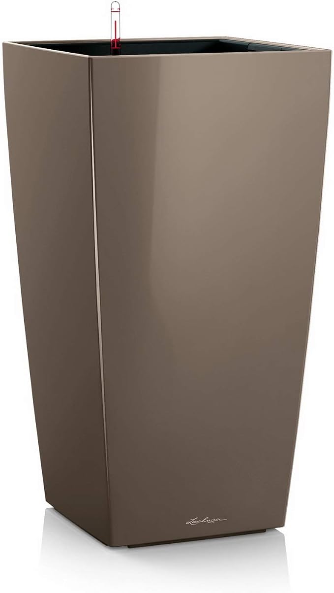 Lechuza CUBICO 30 Shiny Taupe High Gloss, Self-Watering Tall Planter, H22 L11.8 W11.8 in