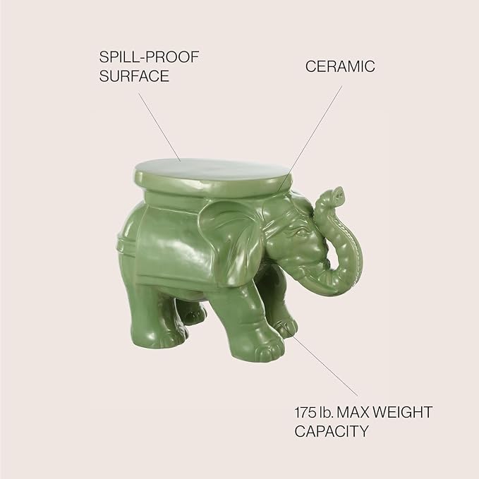 JONATHAN Y White Elephant 14.25" Glazed Ceramic Elephant Garden Stool, Weather-Resistant Indoor/Outdoor Patio Side Table and Plant Stand, Bohemian, Green TBL1007F