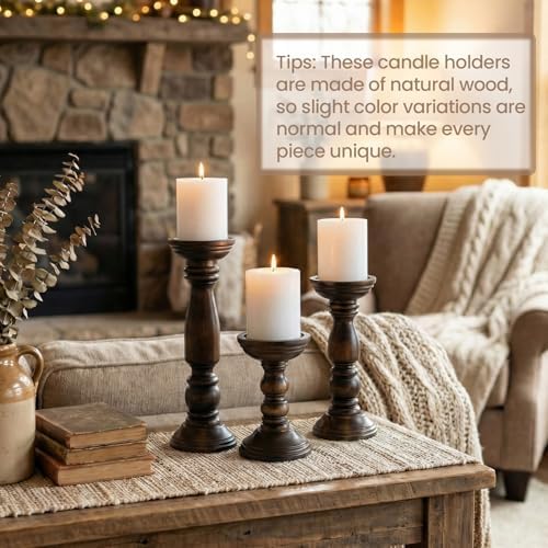 BANOMII Farmhouse Wooden Candle Holders for Pillar Candles Set of 3, Rustic Wood Candle Holder Table Centerpiece Decor, 12'' 9'' 6'' Vintage Tall Candle Stand Decorative, Dark Brown - Image 3