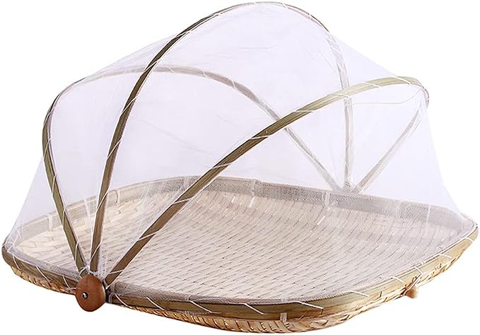 Mwellewm Food Bamboo Food Serving Tent Basket Hand-Woven Basket Serving Dustproof Picnic Basket Vegetable Fruits Bread Home Square Storage Basket with Mesh Gauze Cover Container