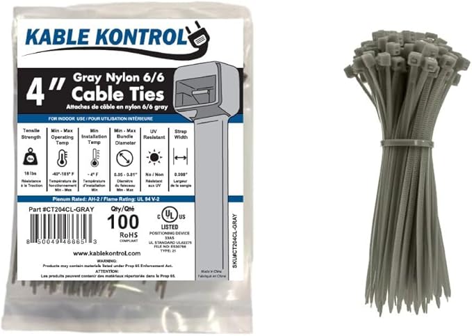 Kable Kontrol Gray Zip Ties 4 Inch 100 Pcs, 18 Lbs Tensile Strength, Self-locking Nylon Colored Cable Ties Wire Wraps for Indoor or Outdoor Use