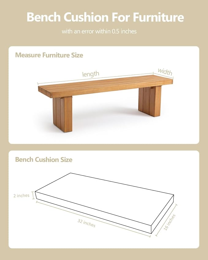 32x16x2 Outdoor Bench Cushion, Strengthen Waterproof Seat Cushions, High-Density Bench Pad with Anti-Slip Bottom, Outdoor Cushion for Patio Garden Swing Furniture - Beige