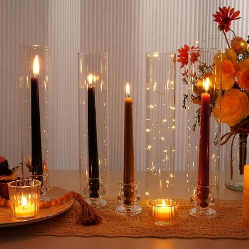Hurricane Glass Candle Holders, Set of 4 Candlestick Holders for Taper Candle with 11.8" Tall Windproof Cylinder Covers Candle Stand Bulk for Table Centerpieces on Wedding Birthday Housewarming Decor - Image 3