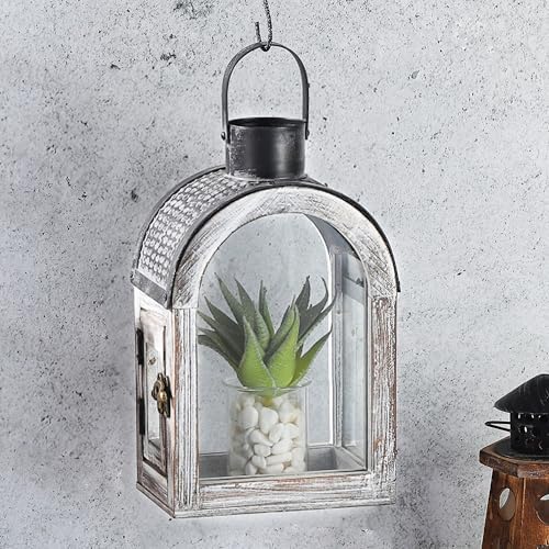 11" High Farmhouse Decorative Lanterns, Glass and Metal, Distressed White Wood Finish, Vintage Black Metal Top, Indoor Outdoor Candle Holders (Rustic White, 6"x4.4") - Image 5