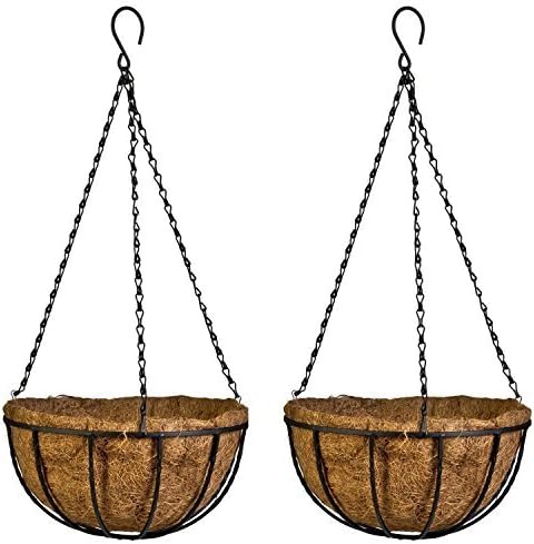 Kingbuy 14" Metal Hanging Basket with Coconut Liner – 6.5" Depth, Rust-Resistant Wire for Ferns & Herbs, Adjustable Chains & S-Hook for Balcony Porch Kitchen Window, 2 Pack