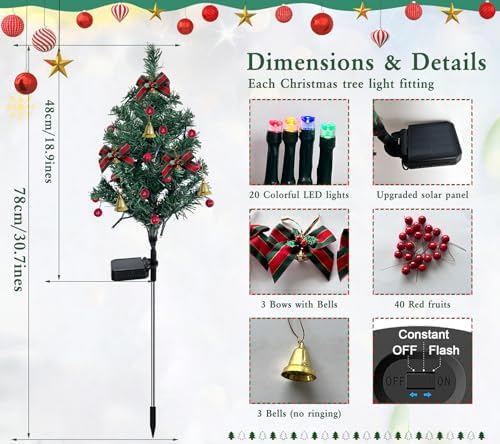 2 Set Solar Christmas Tree Lights Decorations Outdoor Waterproof, 40 LED Lights Christmas Solar Stake Lights Cemetery Christmas Tree for Grave Pathway Outside Garden Yard Lawn - Image 4