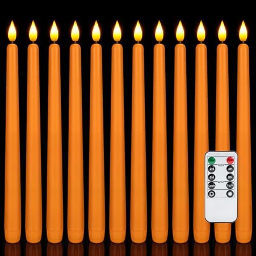 Homemory 12 Pcs Flameless Taper Candles with Remote Timer Dimmer, 11 inches Orange Taper Candles Battery Operated, Plastic LED Candlesticks with Flickering Flame for Halloween Decoration by Homemory