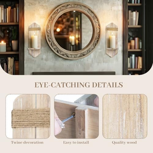 Wall Candle Sconces Set of Two, Rustic Washable White Wood Wall Candle Holder Decor, Farmhouse Wooden Candle Holder Decorations for Fireplace, Hallway, Living Room, Bedroom - Image 3