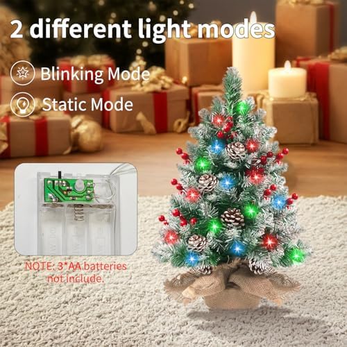 Pre-lit Mini Christmas Tree 20 Inch Small Tabletop Xmas Tree with 30 LED String Lights Locking Snow Frost Tips Berries Wood Base Ornaments Tabletop Artificial Pine Tree for Christmas Decoration - Image 5