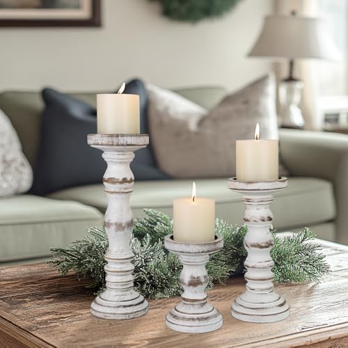 Candle Holder for Pillar Candle Set of 3, Farmhouse Wood Candle Holder, Rustic Wooden Candle Stand, Vintage Tall Candle Stand Decorative for Living Room, Table Centerpiece (Antique White) - Image 6