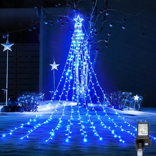 Outdoor Christmas Decorations 317 LEDs Christmas Lights with 9 Strands 11.9ft Waterfall Christmas Tree Lights, 8 Modes, UL Certified, Waterproof, Topper Star & Timer for Yard Patio Décor, Blue by BlcTec