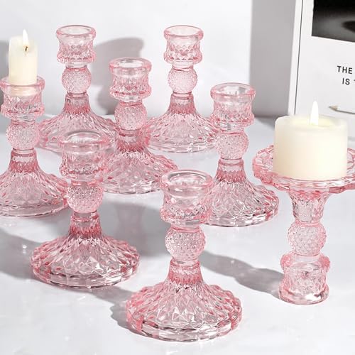 12Pcs Pink Candlestick Holders Set- 4" H Taper Candle Holders Bulk, Glass Candle Holders for Wedding, Party, Romantic Dinner Table Centerpieces, Festival Gifts & Windowsill Decor by DARJEN