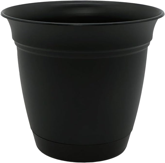 The HC Companies Eclipse Round Planter with Saucer - Outdoor & Indoor Plant Pot with Drainage Holes - Lightweight, UV-Resistant Plastic Pots for Plants, Flowers & Herbs (8" Black, Pack of 1)