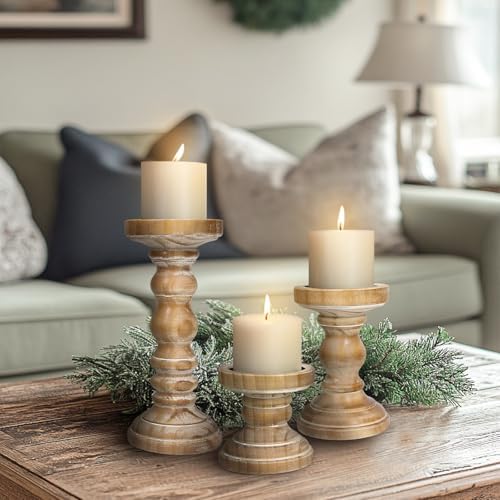 Candle Holder for Pillar Candle Set of 3, Farmhouse Wood Candle Holder, Rustic Wooden Candle Stand, Vintage Tall Candle Stand Decorative for Living Room, Table Centerpiece,Brown - Image 6