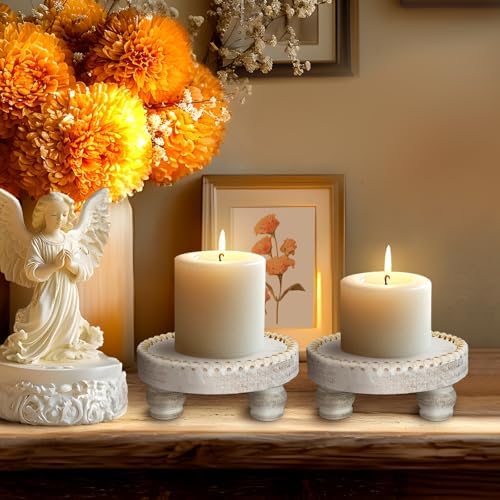 Farmhouse Round Wood Tray Riser, Pedestal Stand with Beaded Edge, Rustic Wooden Candle Trays Decor for Tiered Tray, Candle, Mug Display Decorative, Table Centerpiece, White - Image 4