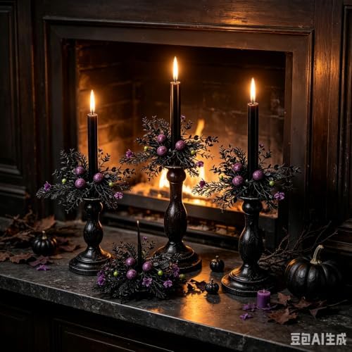 6 Pcs 1.38" Mini Halloween Taper Candle Rings Wreaths Small Artificial with Black Foliage Purple Glitter Balls Green Berries Purple Flowers Taper Candle Holder Wreath for Gothic Spooky Farmhouse Home - Image 4