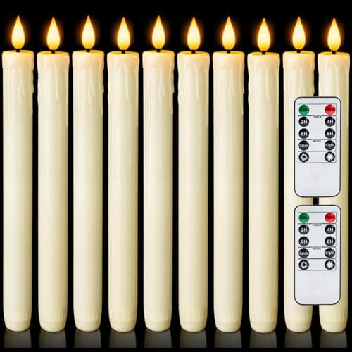 Homemory 12 Pcs Real Wax Flameless Taper Candles with Remote Timer and Dimmer, Battery Operated Candlesticks with Flickering Light, Ivory Window Candles, 9.6 Inches for Wedding Home Decor by Homemory