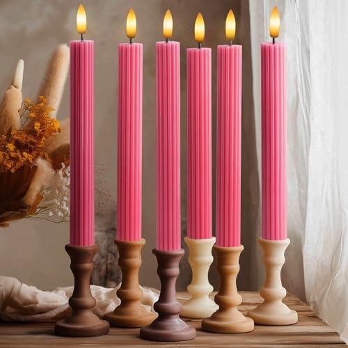 6 Pack, 10" LED Flameless Real Wax Pink Ribbed Taper Candles w/Remote Controller, On/Off Button, Dimmable, Flicker/Static Mode, Battery Operated, Holiday Christmas Menorah Wedding Decor by WestIvory